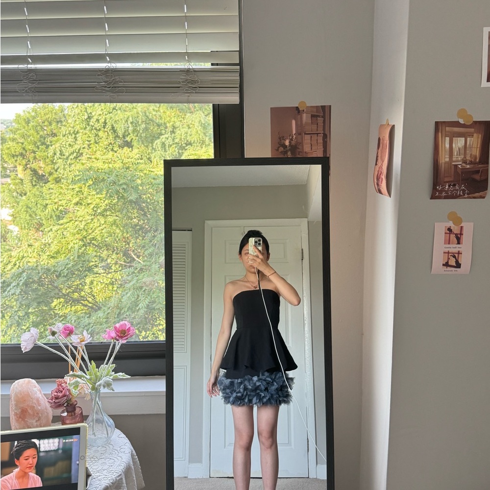Black Strapless Peplum Top with Gray Feather Skirt